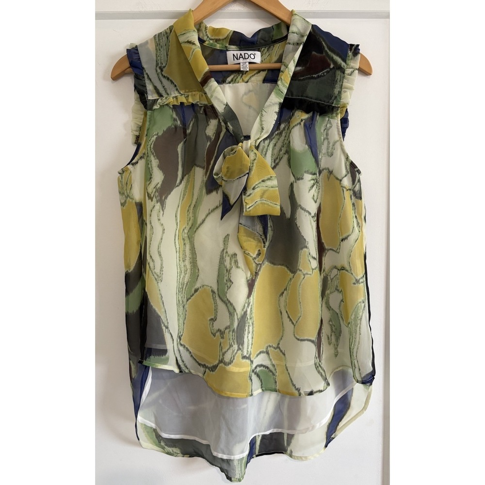 NADO Chiffon Tie Neck Blouse Size S/P Abstract Watercolor Sleeveless Top Pit 21"